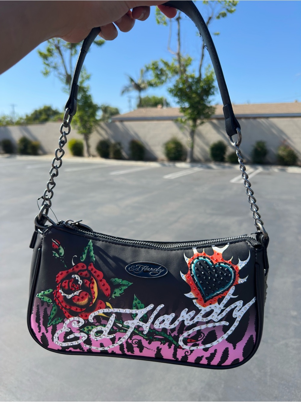 Ed Hardy shoulder crossbody Bag flaming heart and roses NWT